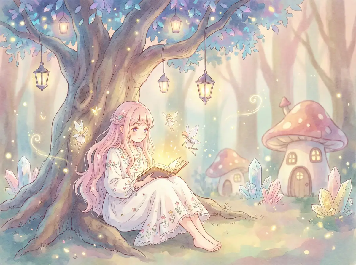 精品自在拍精选 - 魔法森林中阅读故事书的粉发少女与精灵